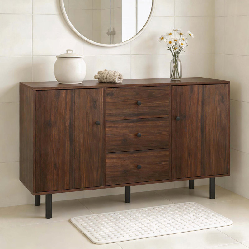 Console décorative avec tiroirs, tablettes réglables et pieds en acier