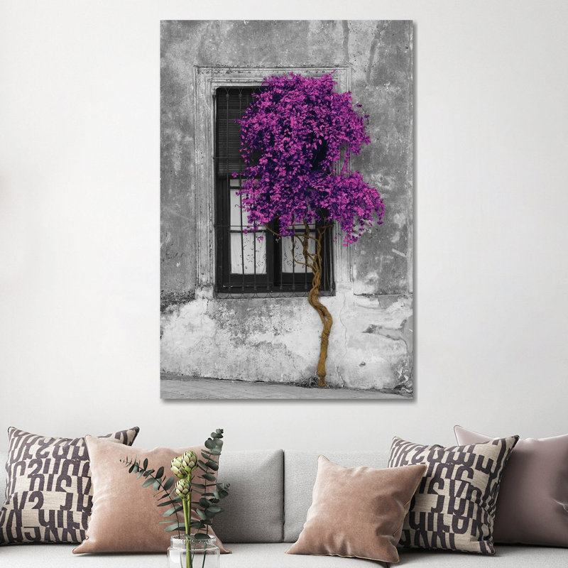 Tree In Front Of Window Purple Pop Color Pop - Print on Canvas, 152.5 cm H x 101.5 cm W, Black Floater Framed