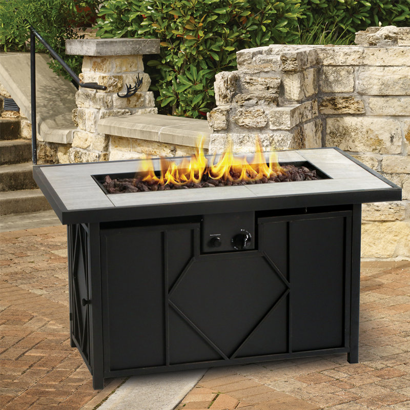 Rectangular Black Steel and Tile Propane Fire Pit Table