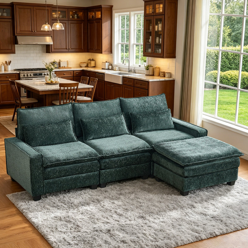{New Arrived} 99.50 Inch 3-Seater Chenille Modular Sofa Set with Movable Ottoman,Free Combination, Green Chenille