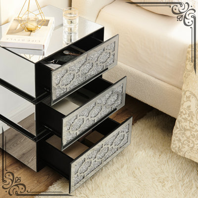 Table de chevet à miroir de style américain, 3 tiroirs, finition argentée, pour chambre à coucher et vestiaire, table de chevet peu encombrante, conception de tiroir, style, convient aux petites pièces, fiable