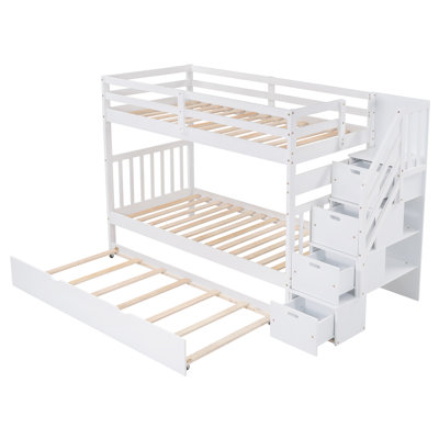 Twin Over Twin/Full Bunk Bed with Trundle, White Bunk Bed with Storage, Sturdy Staircase and Safety Guardrails