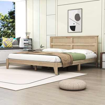 Elegant Platform Bed with Rattan Headboard