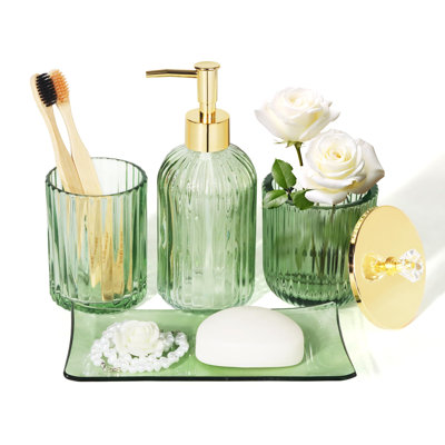 Ensembles d'accessoires de salle de bain en verre Designer - 4 pièces avec distributeur de savon, porte-brosse à dents de salle de bain, plateau de coiffeuse et pot d'apothicaire, décor de salle de bain rétro, organisateur de comptoir cadeau