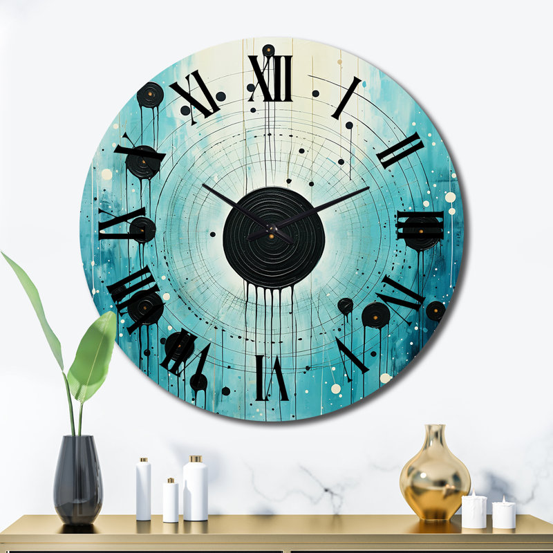 Horloge murale sarcelle et noir Minimalisme lune III - Collages abstraits, Très grand