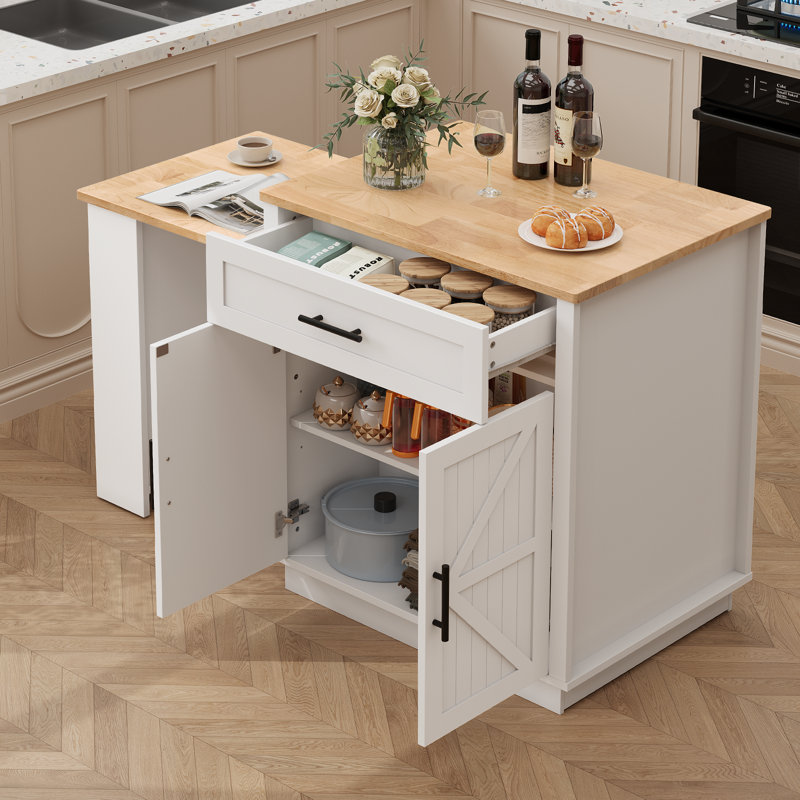 76" Kitchen Island With Expandable Solid Wood Top, White