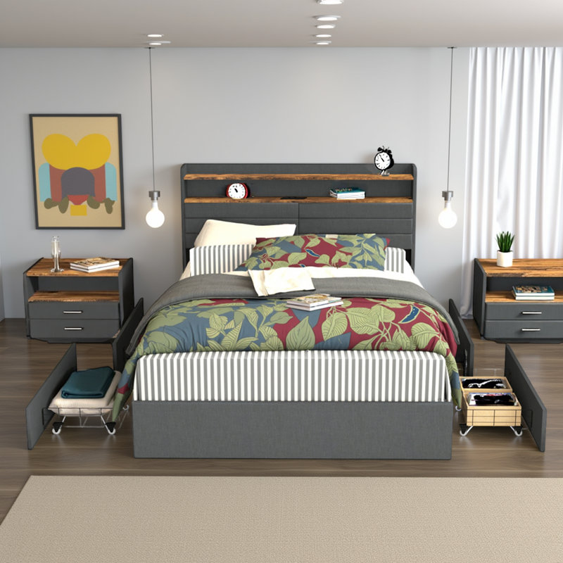 Upholstered Platform Bed with LED Lights, 4 Storage Drawers, Charging Station & Headboard Shelf, Queen