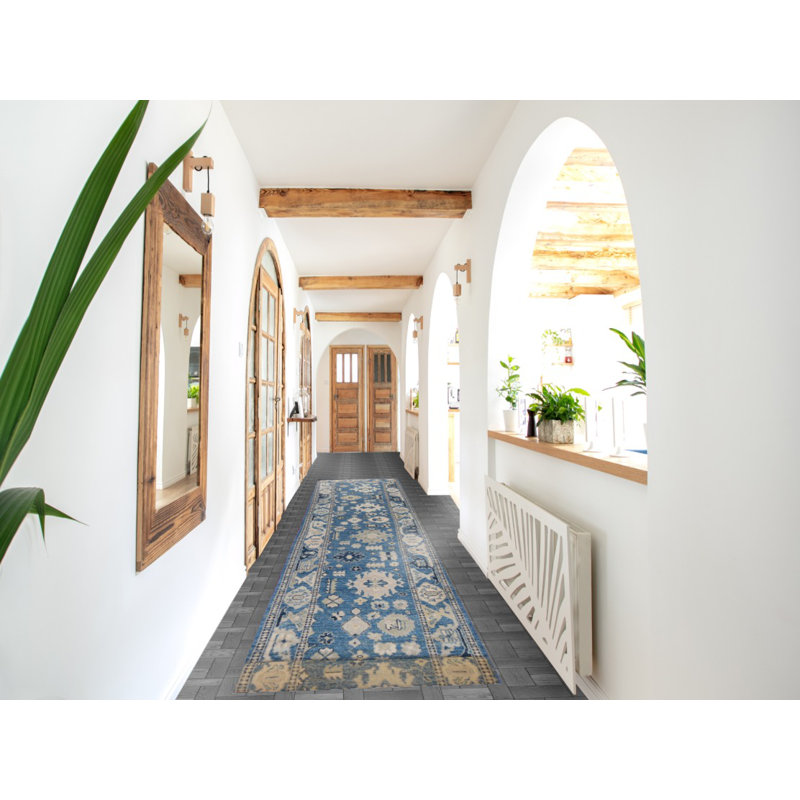 Tapis de couloir bleu à motif géométrique Oushak