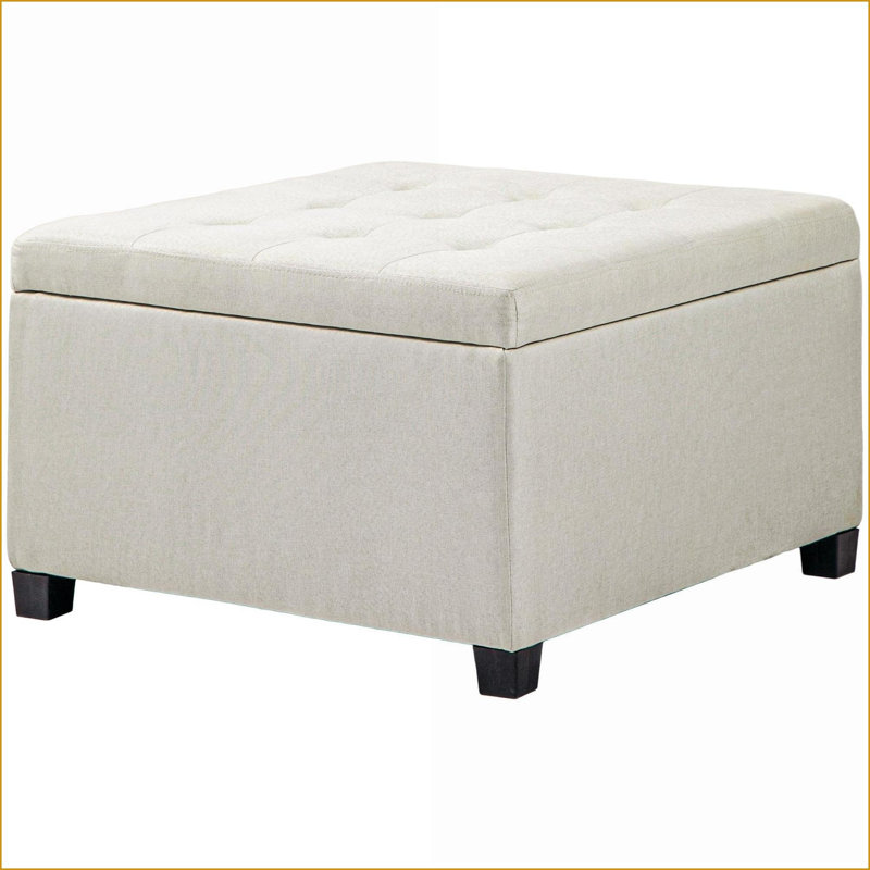 Repose-pieds avec rangement, dessus capitonné beige, structure en bois d'eucalyptus pour le salon, la chambre à coucher et le vestibule | Structure en bois | Style rétro