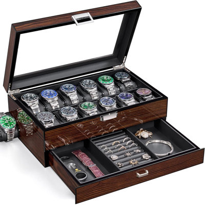 High-End Watch Box, 12-Slot Watch Case With Large Glass Lid,Brown