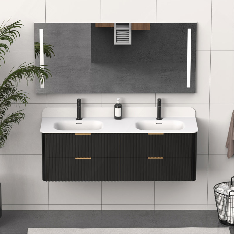 Meuble-lavabo cannelé noir 60 po avec lavabo intégré et quincaillerie dorée, Black