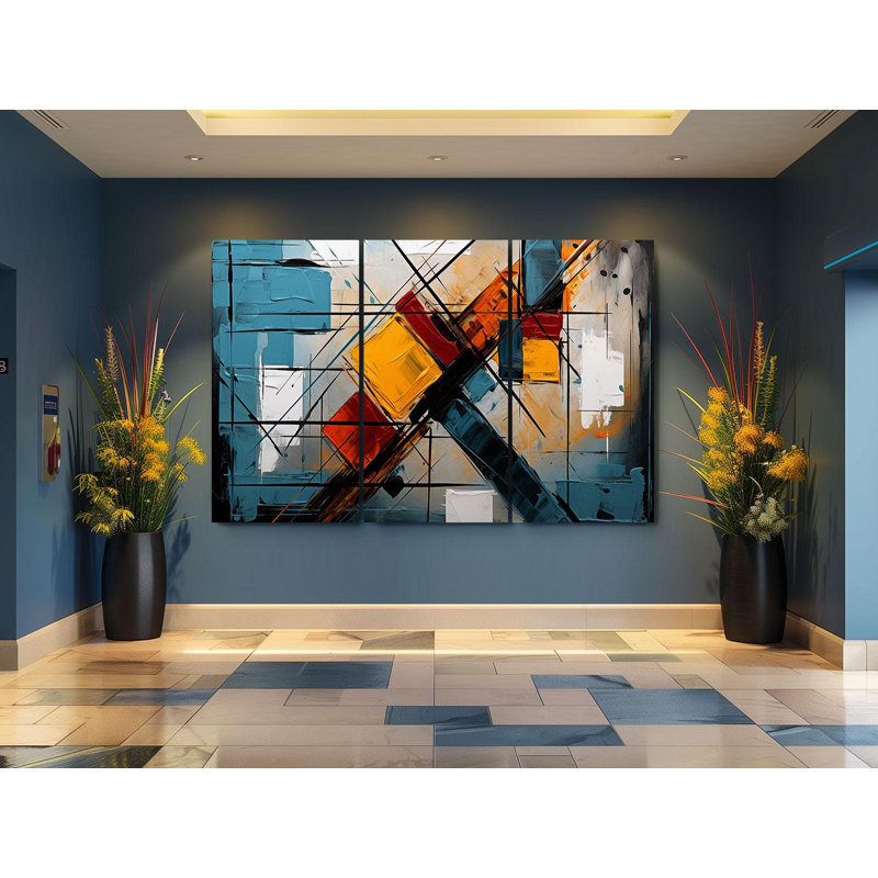 Reproduction de peinture, bleu, jaune, rouge, sur toile, de style galerie, triptyque, PRÊT À ÊTRE SUSPENDU