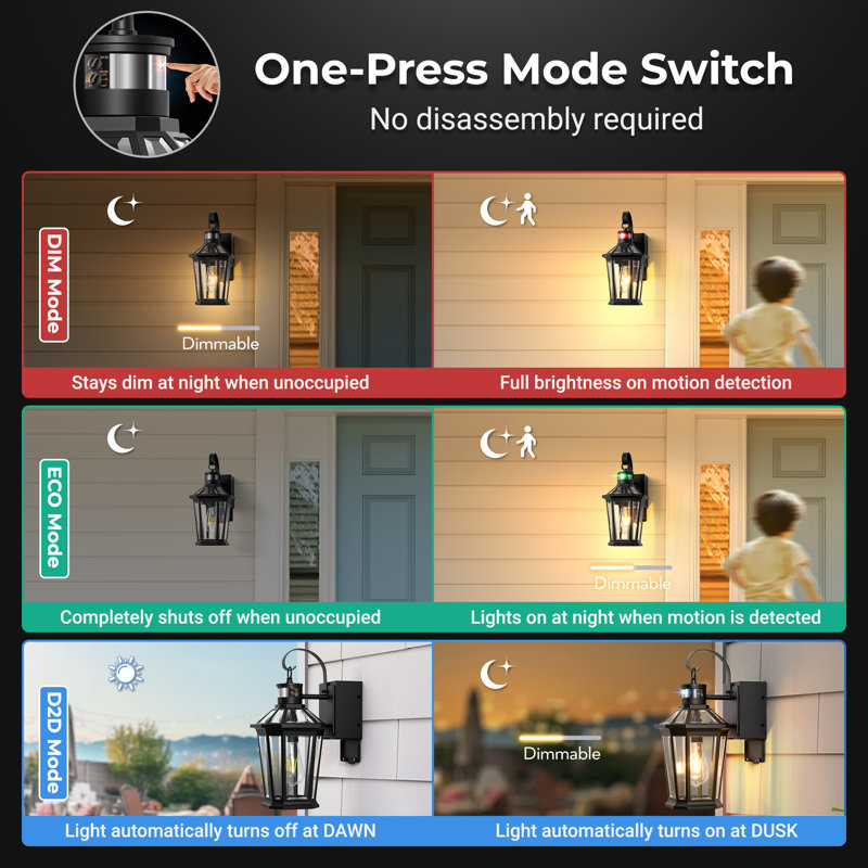 5 Modes Porch Lights Outdoor with GFCI Outlet, Black Motion Sensor Outdoor Wall Lantern