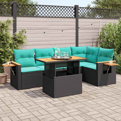 Ensemble de canapés de patio 6 pièces avec coussins en rotin noir et acacia