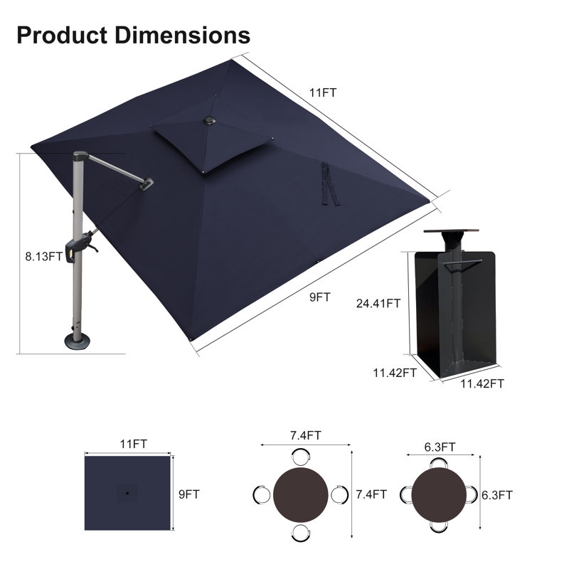 108'' x 132'' Rectangular Cantilever Umbrella withPatio Umbrella with Base in Ground, Navy Blue