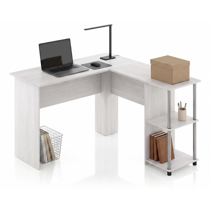 L-Shaped Stainless Steel Computer Desk, White/Silver