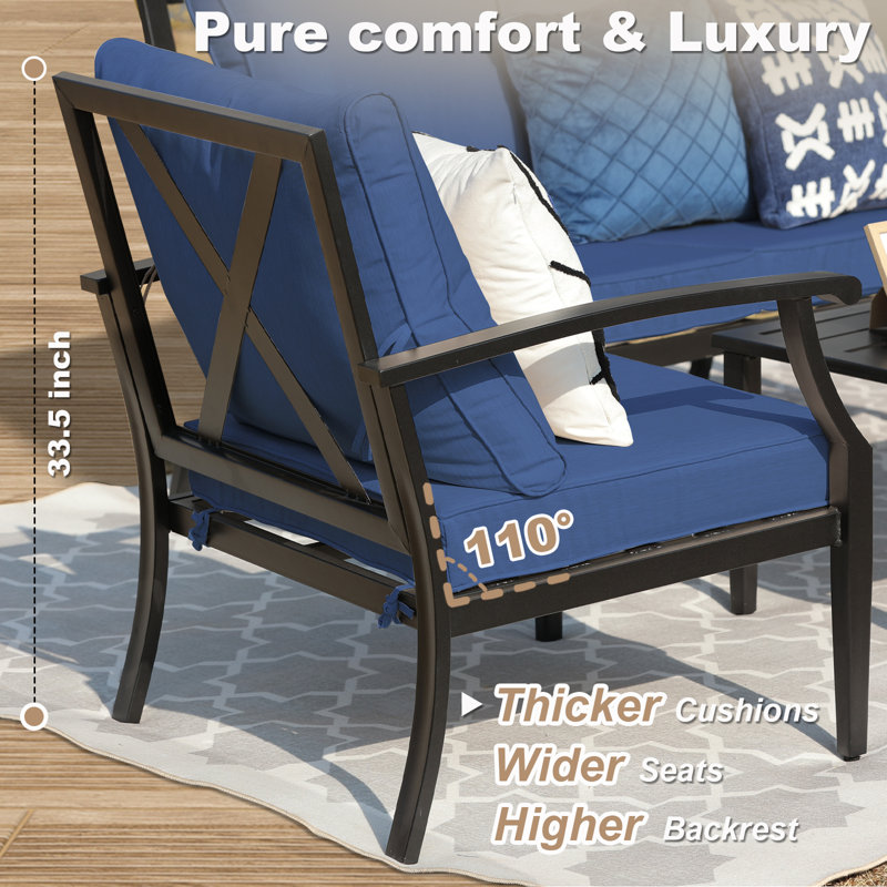 Ensemble de conversation pour patio pour 4 personnes avec coussins de coussin bleu marine, Marine