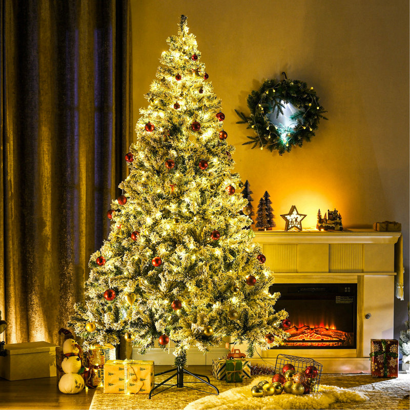 Arbre de Noël artificiel de 7,5 pi de hauteur avec 1149 branches floquées par la neige, 550 lumières DEL blanc chaud ou coloré, base en acier