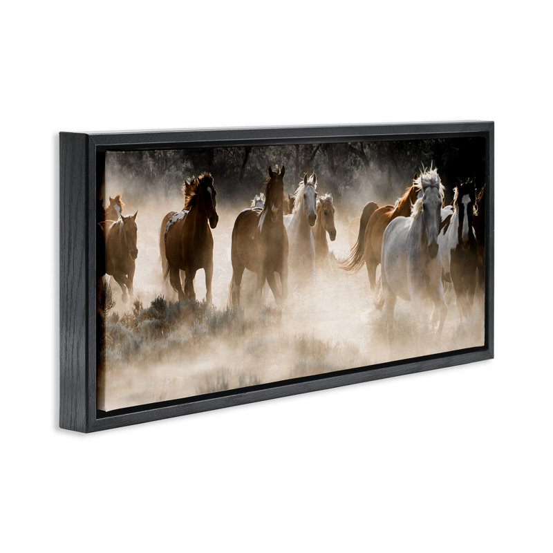 Troupeau de chevaux au galop, H 11 po x l 25 po, Cadre flottant noir de jais