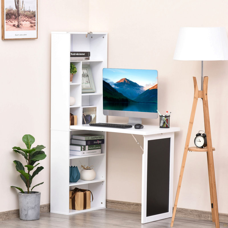 Bureau de bureau mural pliable avec tableau noir et tablette latérale pliable, Blanc