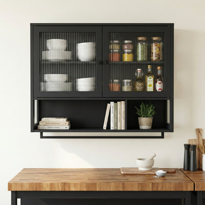 Armoire de salle de bain en bois à trois portes avec armoire à pharmacie et porte-serviettes en verre. Convient aux vestibules, salons, salles de bain et salles à manger. Noir