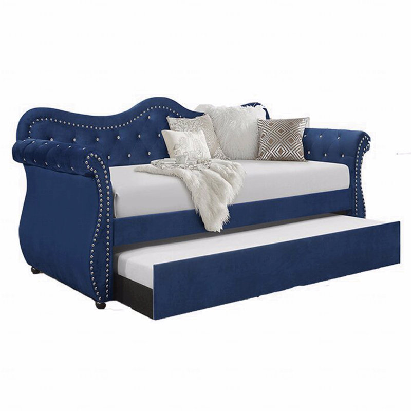 Upholstered Daybed, Velvet Wood Trundle Daybed, Navy