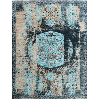 Hand Knotted Wool Oriental Area Rug in Turquoise/Gray/Black/Beige