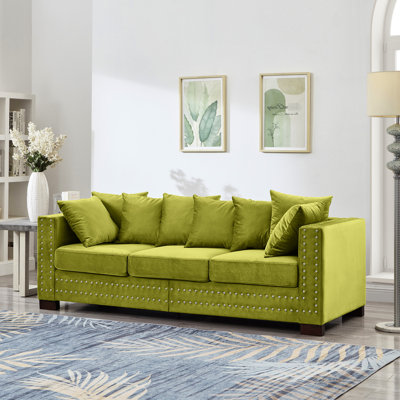 3 sièges, velours, design contemporain, carré, décoration clous argentés, ressorts ensachés, housses de coussin amovibles, structure en bois massif, siège de rangement de style moderne avec accoudoirs et clous,