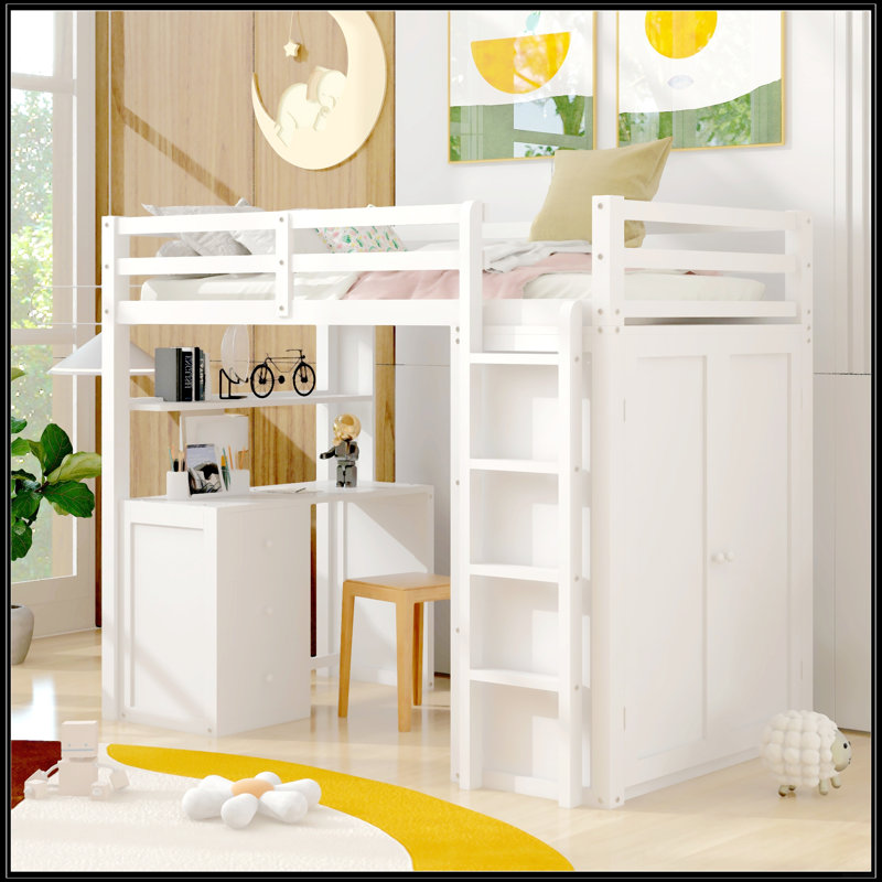 Twin Size Loft Bed With Drawers, White