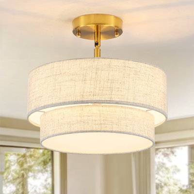 3-Light 2-Tier 12.6" Dimmable Linen Shade Drum Semi Flush Mount Modern Farmhouse Round Ceiling Lamp for Kitchen Island Hallways