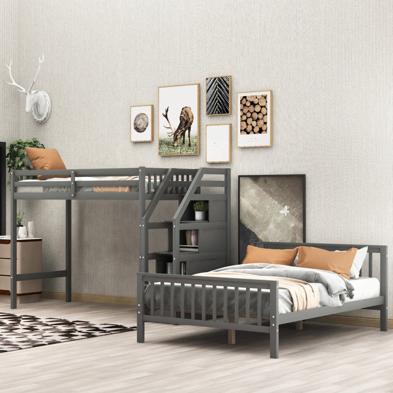Lit mezzanine simple au-dessus d'un lit double avec escalier, Gris