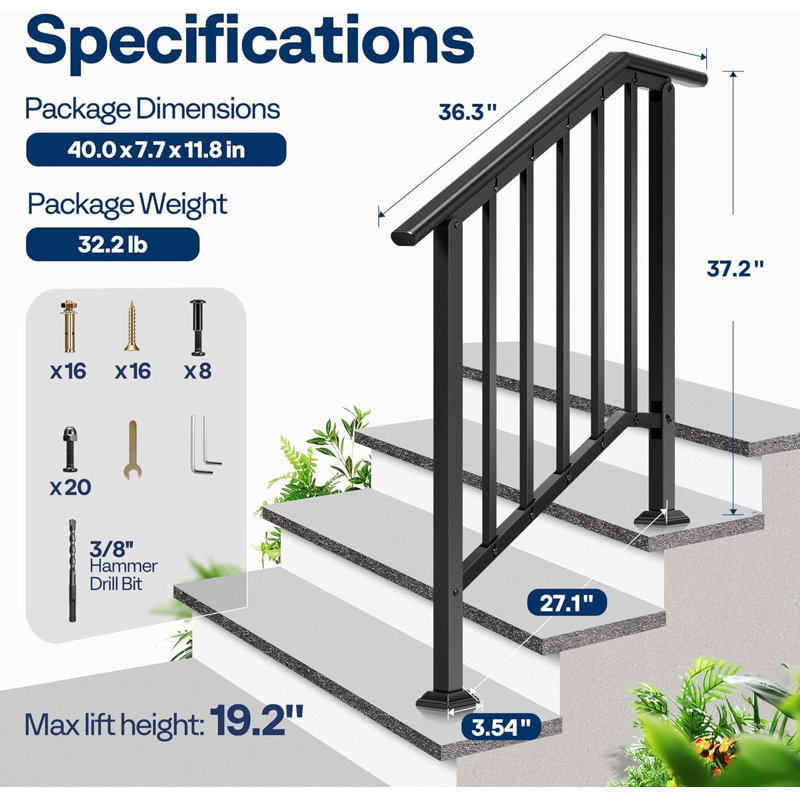 Ensemble de 2 rampes en acier galvanisé pour les marches extérieures, ensemble de balustrades de sécurité ovales noires de 27,1 po pour balustrade ou escalier intérieur