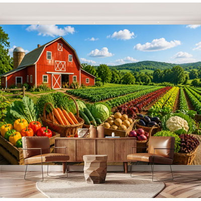 Wall Mural Peel and Stick Rustic Farm Red Barn Fresh Vegetable Harvest Scenic Large Wallpaper Self-Adhesive Removable Contact Paper Wall Decor for Living Room Bedroom Nursery 69"H x 96"W