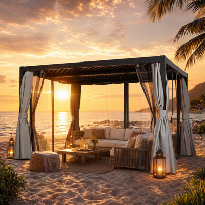 10' x 12' Aluminum Pergola with Adjustable Louvered Roof, Curtains, Privacy Screen & Mosquito Netting, Peak Roof Hardtop Gazebo for Patio, Backyard, Deck & Garden