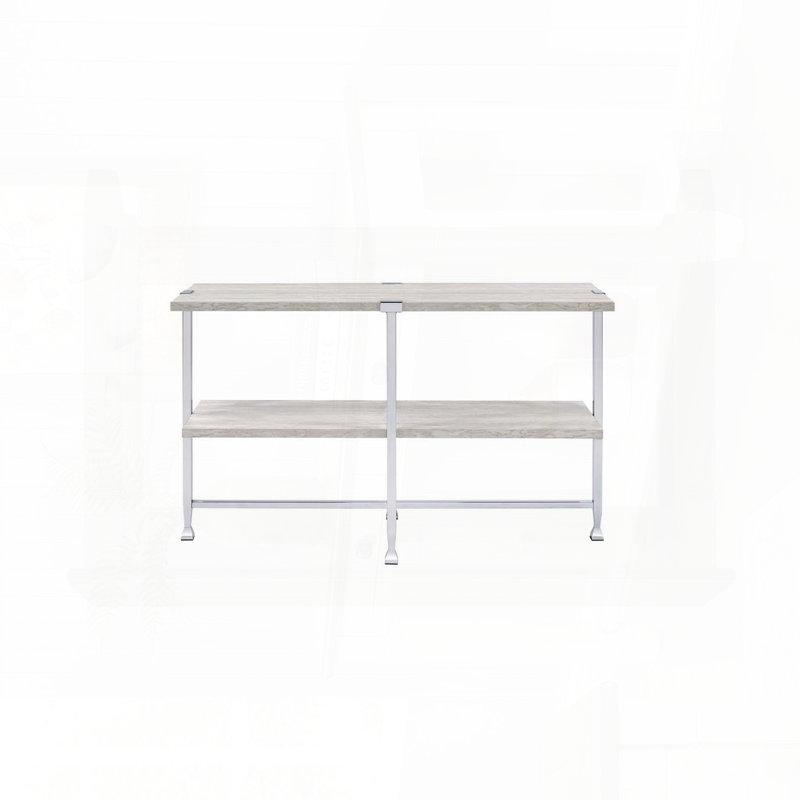 Half Moon Sofa Table with Open Compartment and X-Shape Support – White Oak & Chrome