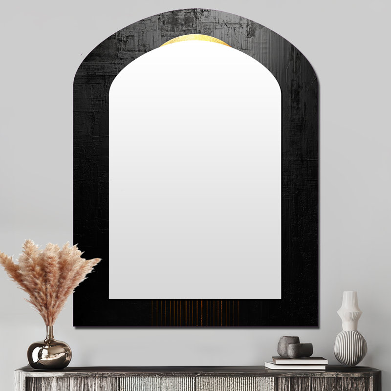 Gold And Black Moon Boundless Reverie III - Geometric Arch Decorative Mirror, Modern Asymmetrical Large Wall Mirror, Printed Metal Art