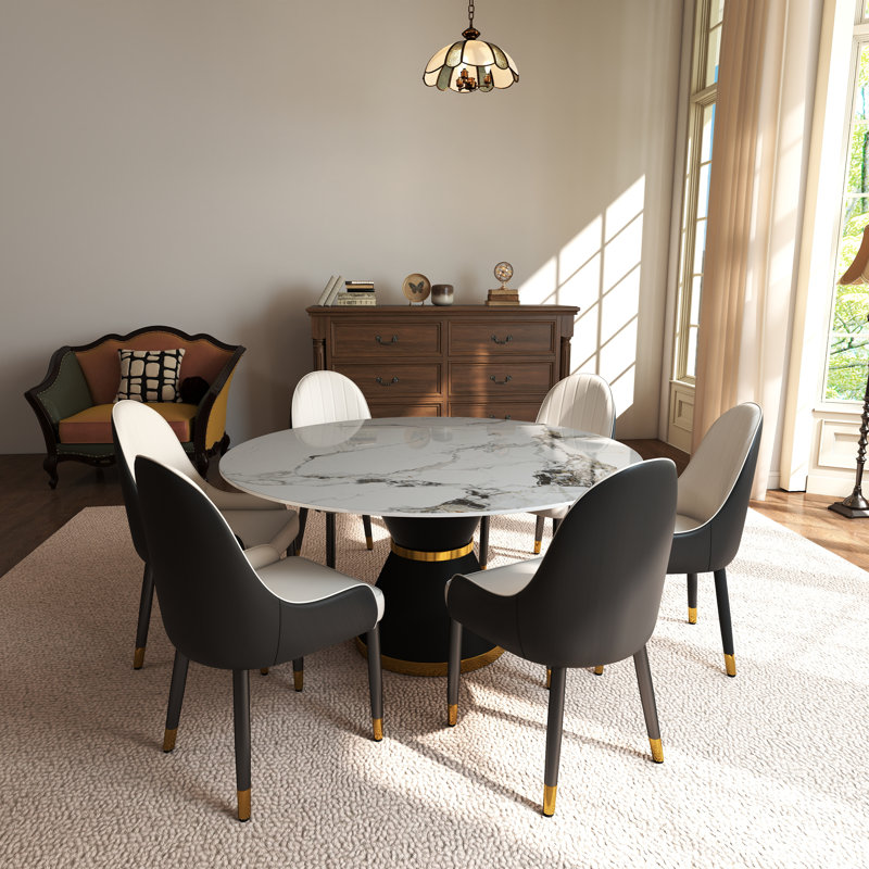Ensemble de salle à manger moderne à 6 personnes avec base en piédestal Benedic, Blanc / brun, Patek blanc