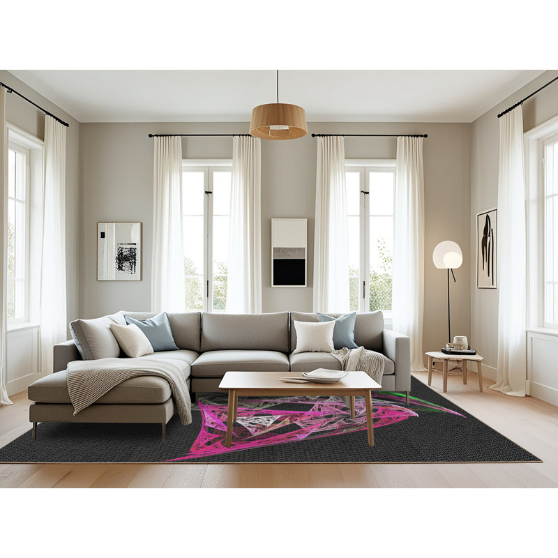 Tapis noir/vert/rose tissé à la machine, Rectangle 8 pi x 12 pi