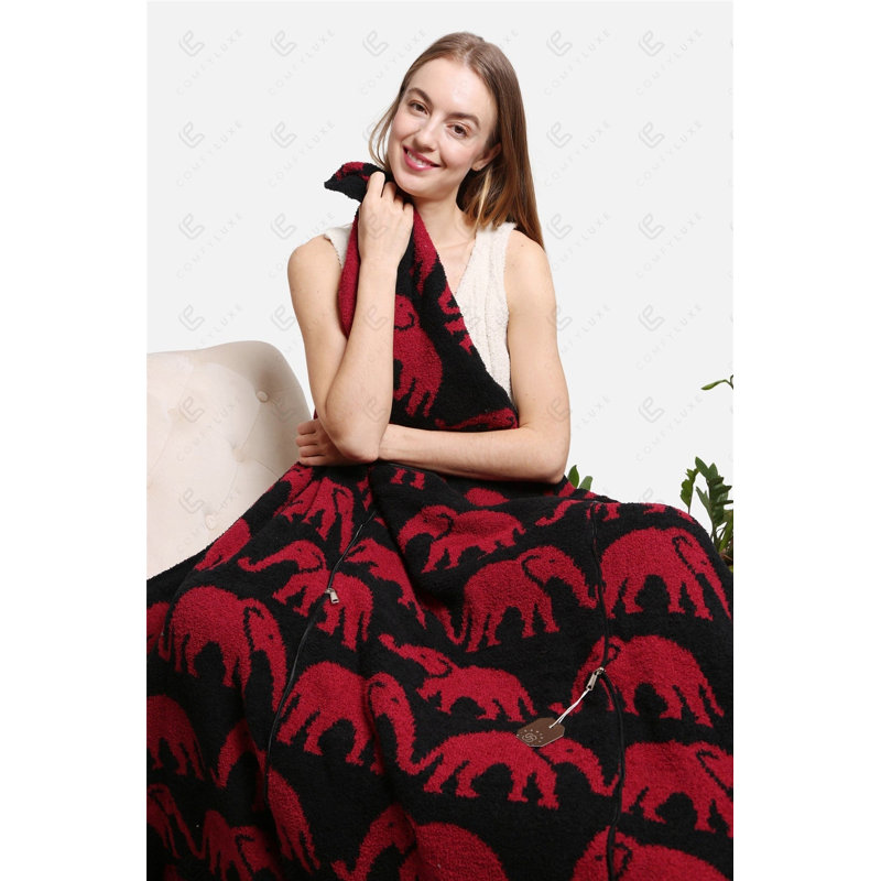 Elephant Pattern Luxury Soft 2 In 1 Throw Blanket Pillow, Red