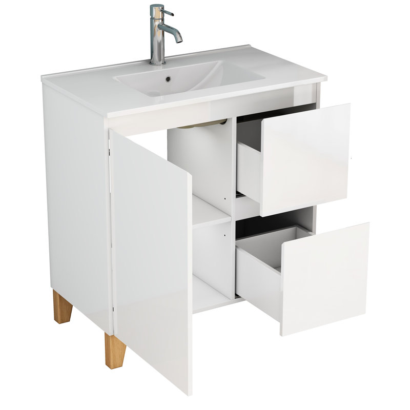 Lavabo de meuble-lavabo blanc lustré 31,5 po, armoire à poignées, tiroirs à fermeture douce, pieds en bois massif naturel pour une utilisation pratique en blanc, armoire avec 1 porte et 2 portes, rangement