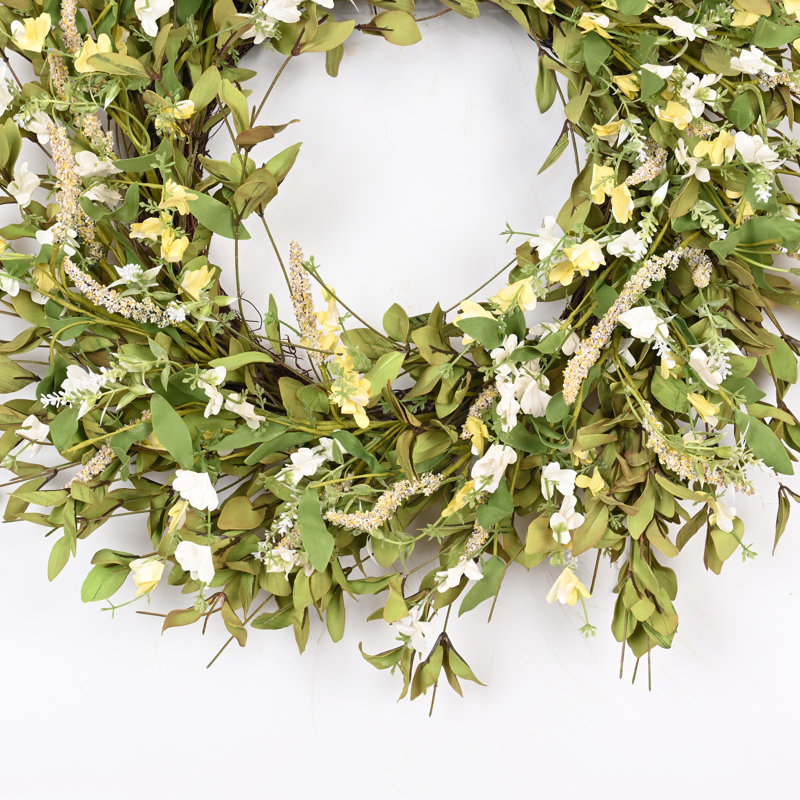 Couronne de fleurs artificielle 26 po pour la porte d'entrée, Vert / Jaune