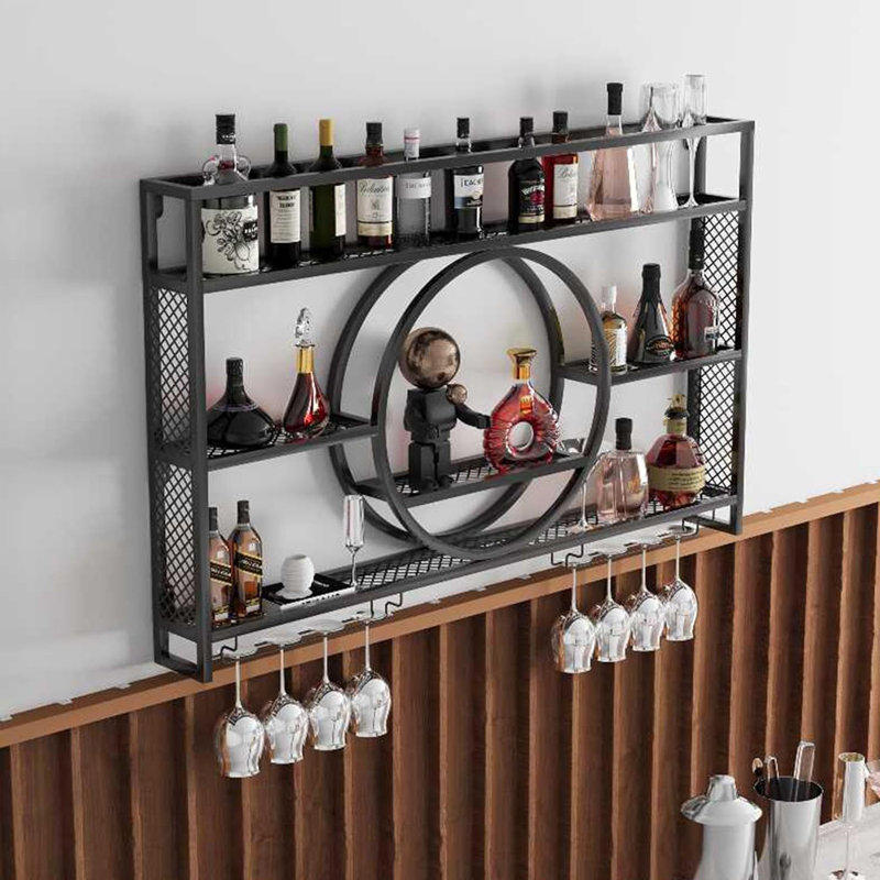 Support à vin mural avec support à verres à vin Tablettes de bar flottantes pour bouteilles de boissons alcoolisées avec éclairage à DEL