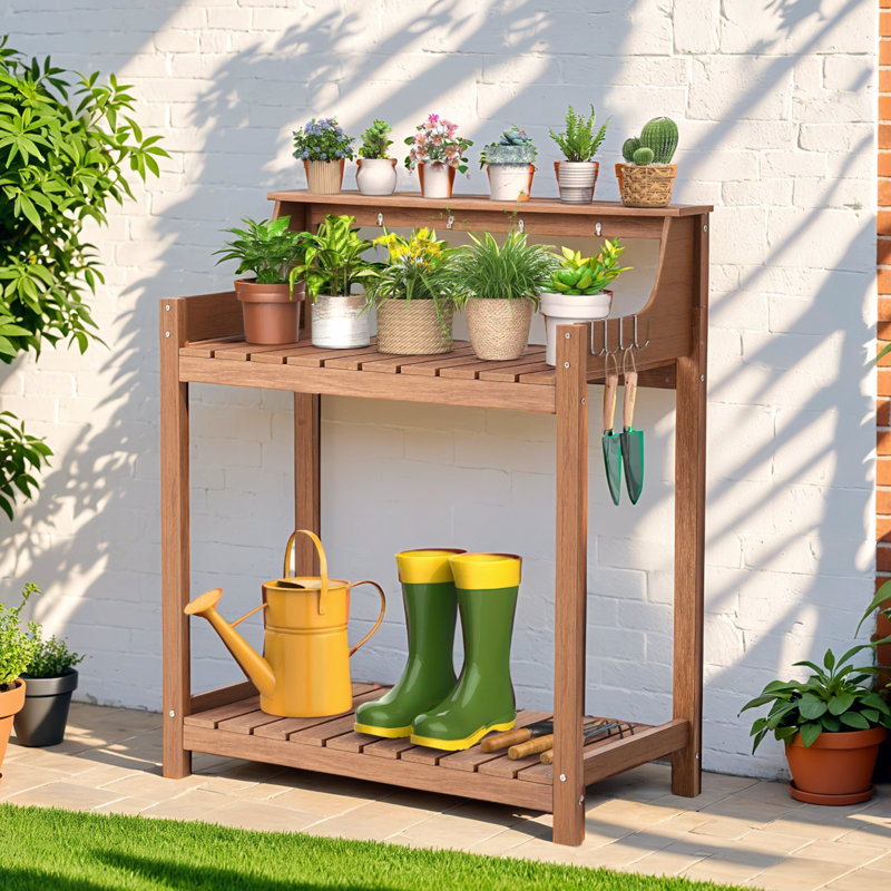 HDPS 3-layer Outdoor Garden Potting Bench Table with 4 Side Hooks