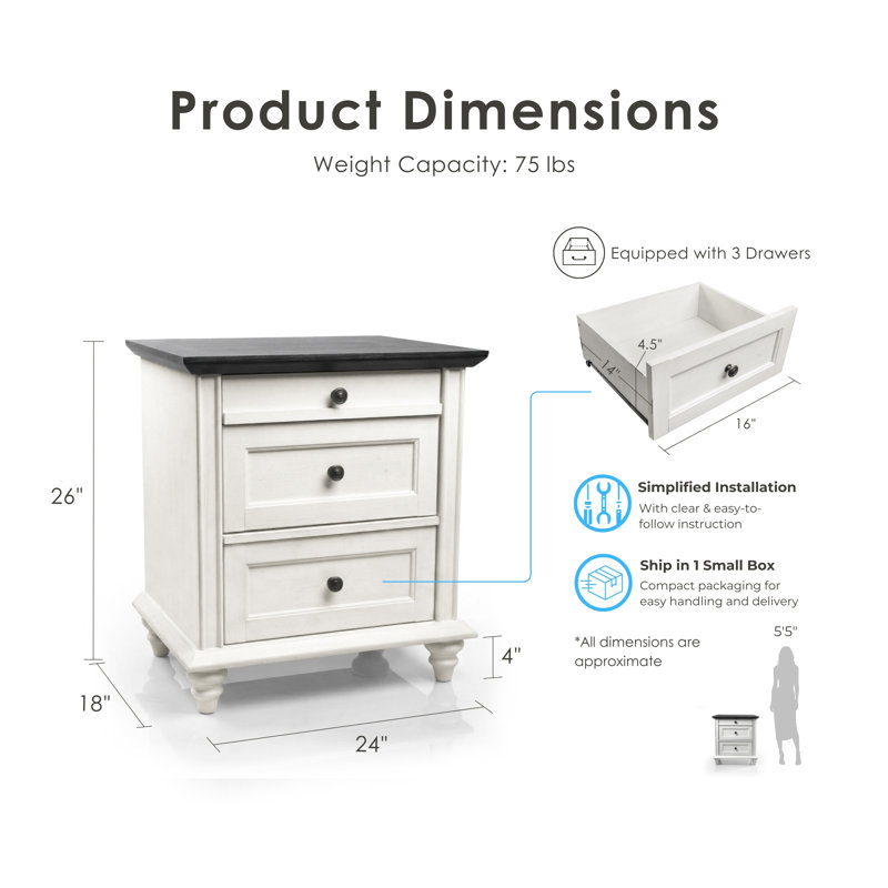Roscoe 3-Drawer Nightstand, Antique White