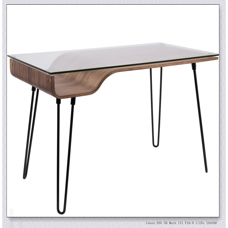 Bureau Avery de style Mid-Century moderne en bois cintré élégant et en verre trempé transparent, idéal pour le bureau à domicile et les petits espaces