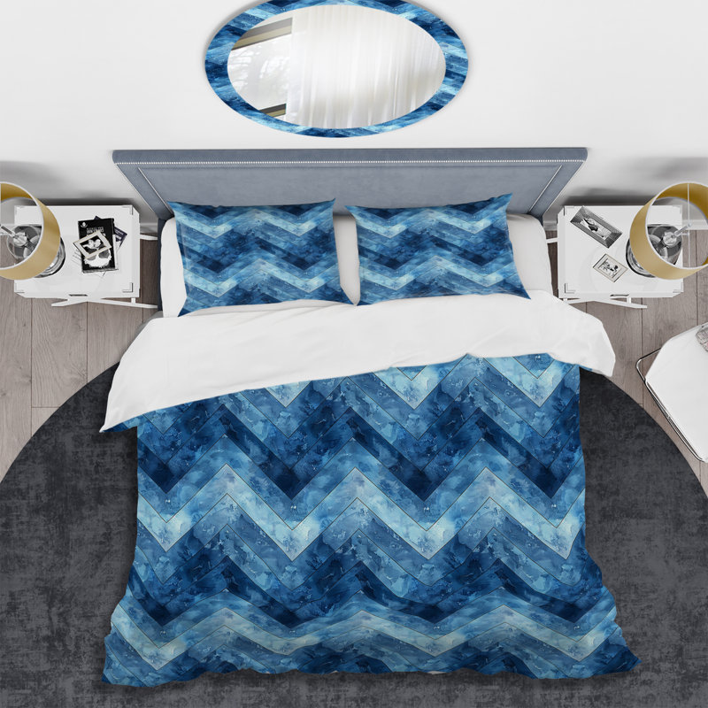 Blue Chevron Patterns III - Ensemble de housse de couette moderne, Housse de couette très grand + 2 très grandes ta