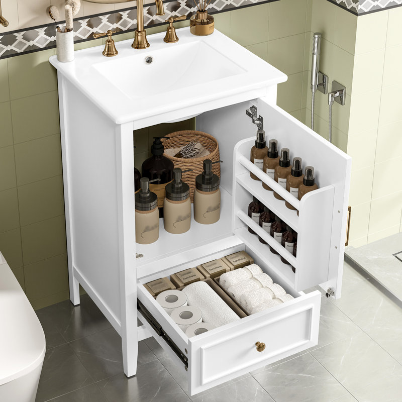 Meuble-lavabo blanc de 20 po avec lavabo, tablette de porte, tiroir, quincaillerie en acier inoxydable, armoire de rangement en céramique blanche de 20 po de hauteur et surfaces inégales, nivellement réglable, silencieux et lisse