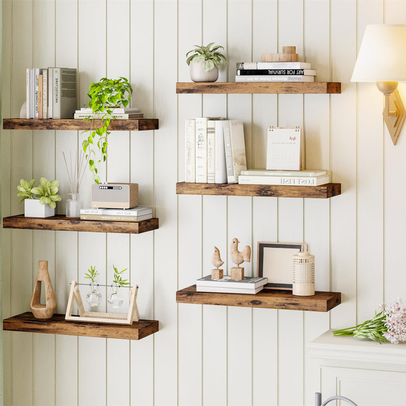 Ensemble de 6 tablettes flottantes de 15,8 pouces, tablettes murales en panneau de fibres à densité moyenne à grain de bois avec supports cachés, étagères rustiques de ferme pour décor de cuisine de chambre à coucher de salle de bain