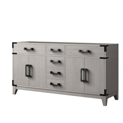60 po L x P 22 po. Meuble-lavabo double en chêne blanc avec fonction de fermeture en douceur, quatre tiroirs, tablette ouverte, bois massif entièrement construit et unité pour une installation rapide dans un meuble-lavabo large, armoires, installation