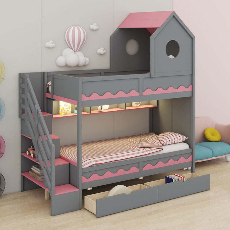 Lit superposé en forme de maison avec tiroirs, escalier, DEL et tablettes, Gris